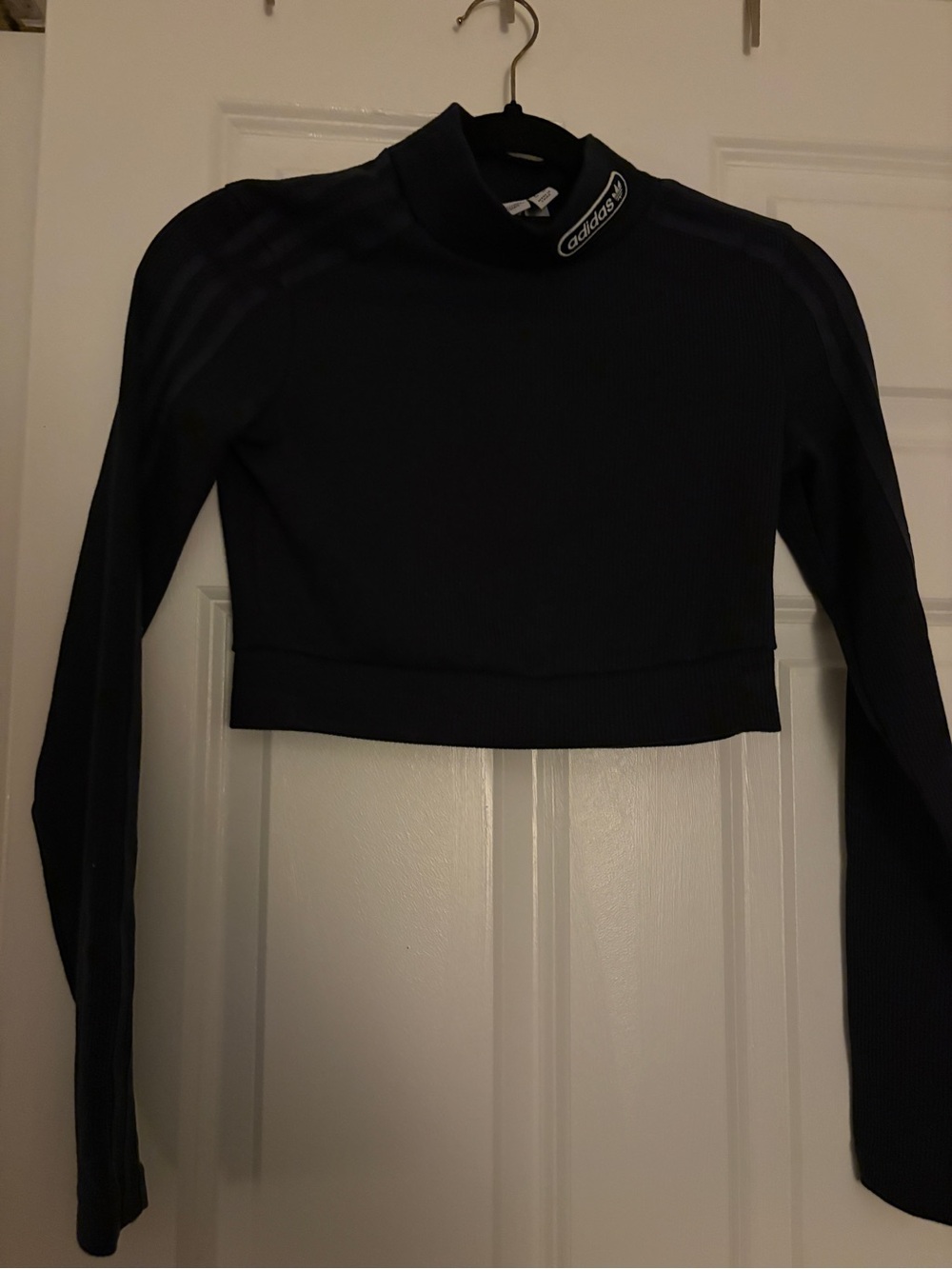 adidas Black Ribbed Long-Sleeve Crop Top with Logo Collar